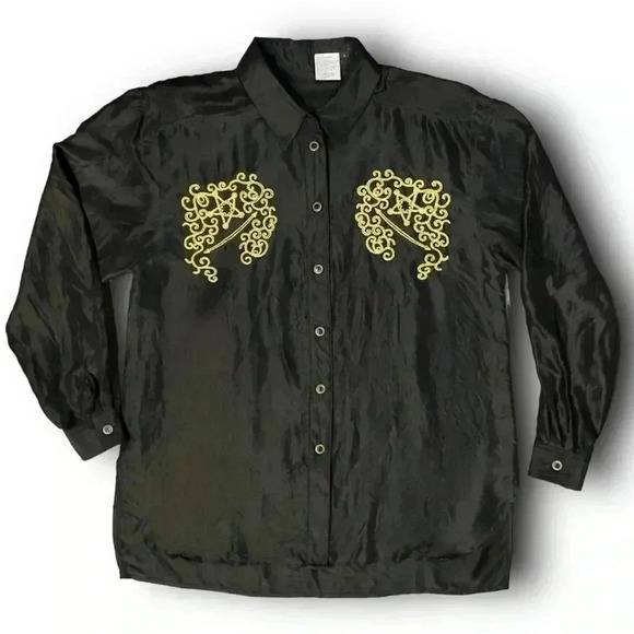 Vintage Other - Vintage Black Silk Button Up Shirt Gold Western Baroque Embroidery M Long Sleeve